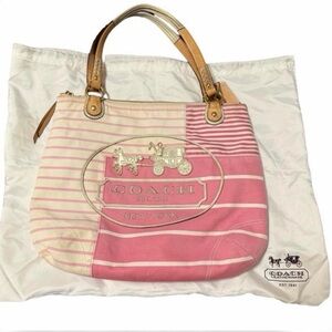 Coach Pink Striped Canvas Tote with Leather Handles